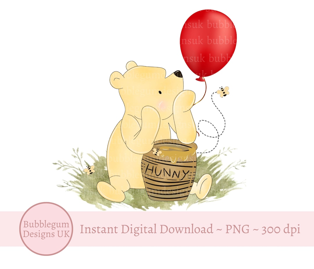 クラシックなくまのプーさんの赤い風船の誕生日昇華デザイン