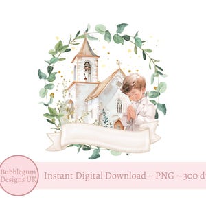 Corona della Prima Comunione PNG, Disegno di sublimazione della Prima Comunione del Bambino, Corona di eucalipto, Chiesa, Bibbia, Preghiera, Download digitale istantaneo