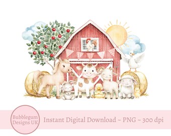 Red Farm Barn PNG, Farm Animals Sublimation Design, Boys Farm T Shirt Design, Birthday Card Design, Barnyard, Instant Digital Download