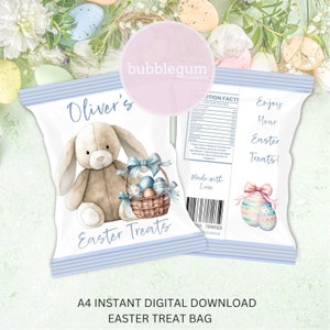 Paquet de friandises de Pâques lapin oreilles Lop bleu, JPG imprimable A4, sac de friandises de Pâques, joyeuses Pâques, paquet de chips, sac croquant, téléchargement immédiat