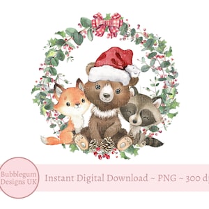Christmas Forest Animals Berry Wreath PNG, Woodland Animals Sublimation Design, Baby 1st Christmas, Santa Bear, Instant Digital Download