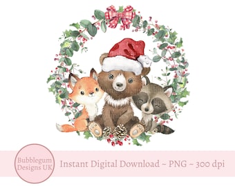 Corona navideña de bayas con animales del bosque PNG, diseño de sublimación de animales del bosque, primera Navidad para bebé, oso Papá Noel, descarga digital instantánea