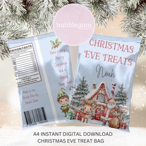 Kerstavondtraktatiepakket kerstman en rendier, afdrukbare A4 JPG, tas kerstavondsnacks, kerstavondboxtraktatie, instant digitale download