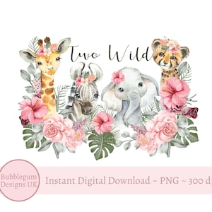 Meisjes twee wilde babysafaridieren png, aquarel babydieren, T-shirt sublimatieontwerp, roze safari verjaardag, instant digitale download,