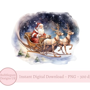 Traîneau de renne du père Noël PNG, Clipart Noël, conception de sac du père Noël, carte de Noël, sublimation de réveillon de Noël, téléchargement numérique instantané