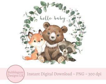 Hello Baby - Forest Animals Eucalyptus Wreath PNG, Woodland Animals Sublimation Design, Baby Shower, New Baby, Instant Digital Download