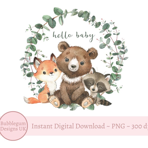 Hello Baby - Forest Animals Eucalyptus Wreath PNG, Woodland Animals Sublimation Design, Baby Shower, New Baby, Instant Digital Download