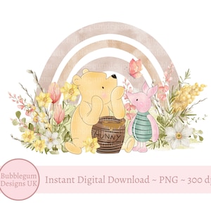 Design classique en sublimation arc-en-ciel Winnie l'ourson et porcelet, PNG, arc-en-ciel neutre, Shower de bébé ourson ours, anniversaire téléchargement numérique instantané