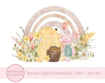 Classic Winnie The Pooh & Piglet Rainbow Sublimation Design, PNG, Neutral Rainbow, Pooh Bear Baby Shower, Birthday Instant Digital Download