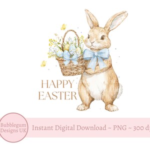 Blue Happy Easter Bunny & Basket Sublimation Design, PNG, Easter Bunny, Boys 1st Easter, Bunny Rabbit, Easter card,Instant Digital Download