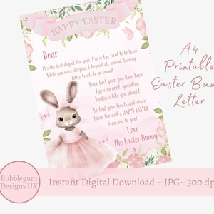 A4 Osterhase Brief, Rosa Tutu Bunny, Rosa Frohe Ostern Hase Hinweis, Osterhase Brief, JPG, Druckbare Brief, Sofortiger digitaler Download