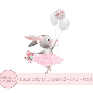 Ballerina Bunny & Balloons Compleanno Sublimazione PNG, Clipart di compleanno di coniglietto grigio, Design di biglietti di compleanno per ragazze, Download digitale istantaneo