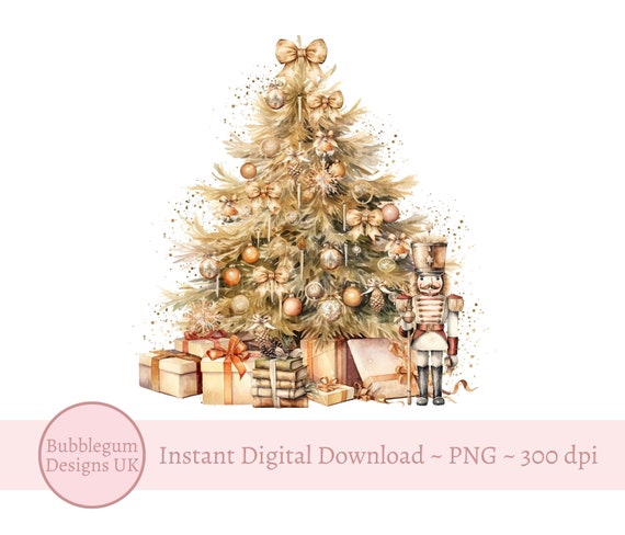 Gold Christmas Tree PNG,  Christmas Tree Gifts Sublimation Design, Nutcracker Christmas Design, Santa Sack Design, Instant Digital Download