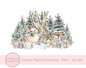 Winter bosmuizen PNG, winter ballerina muis sublimatie ontwerp, kerstkaart ontwerp, kerstman zak ontwerp, instant digitale download