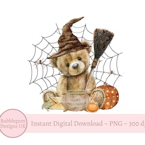 Orsetto di peluche e calderone di Halloween in formato PNG, cappello da strega e design web, design per maglietta di Halloween, download digitale istantaneo