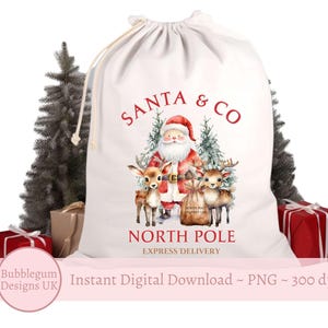 Christmas Santa en rendieren PNG, ontwerp kerstzak, kerstmok sublimatie, Noordpool Express Delivery, instant digitale download
