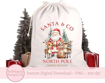 May include: A white drawstring gift sack featuring a watercolor illustration of Santa Claus and two reindeer. The text reads SANTA & CO NORTH POLE EXPRESS DELIVERY. The design includes a brown sack labeled NORTH POLE DELIVERY CO.
