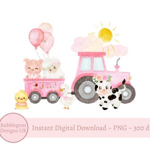 Tracteur de ferme rose PNG, conception de sublimation d'animaux de ferme, conception de t shirt d'anniversaire de ferme de filles, vache, agneau, porc, canards, téléchargement numérique immédiat