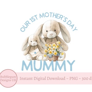 Nuestro primer diseño de sublimación azul de mamá y conejito bebé para el Día de la Madre, PNG, diseño de tarjeta para el Día de la Madre, flores de narciso, descarga digital instantánea