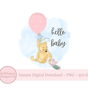 Klassische Winnie The Pooh & Piglet Rosa Ballon, Hallo Baby PNG, Winnie The Pooh Baby Shower Sublimationsdesign, sofortiger digitaler Download