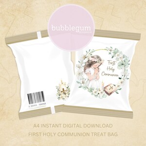 Peut inclure: Un sac de friandises blanc avec une bordure dorée et un motif représentant une fille en robe blanche priant avec une bougie et un livre. Le texte "First Holy Communion" est écrit en lettres dorées. Le sac est de taille A4.