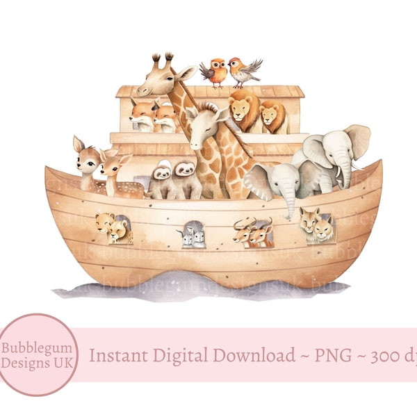 Noah's Ark & Dieren PNG, Noah's Ark Sublimatie Design, Doopsel, Doop, Naamgeving Dagkaart Ontwerp, Dieren Ark, Instant Digitale Download
