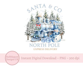 May include: Watercolor illustration of a blue steam train with a snowman, Christmas trees, and gifts. The text reads "SANTA & CO NORTH POLE EXPRESS DELIVERY". A festive design for the holiday season.