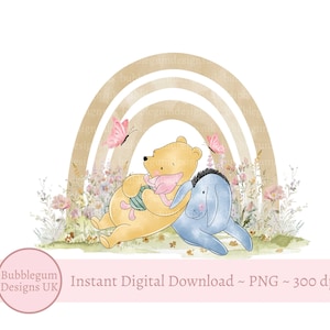 Diseño de sublimación de arcoíris clásico de Winnie The Pooh, Eeyore y Piglet, PNG, arcoíris neutro, baby shower de osito Pooh, descarga digital instantánea