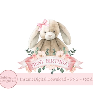 First Birthday Bunny Sublimation Design, 1st Birthday Bunny PNG, Girls 1st Birthday, Grey Rabbit T-Shirt Design, Instant Digital Download