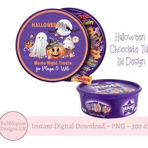 Halloween Movie Night Treats Chocolate Tub Lid Design, PNG,  Printable Chocolate Candy Tub Lid, Halloween Sticker, Instant Digital Download