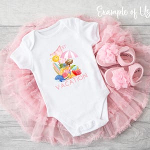 May include: White onesie with a pink graphic of a beach umbrella, a dolphin, a pineapple, a watermelon, and the text "1st Vacation". The onesie is on a pink tulle skirt.