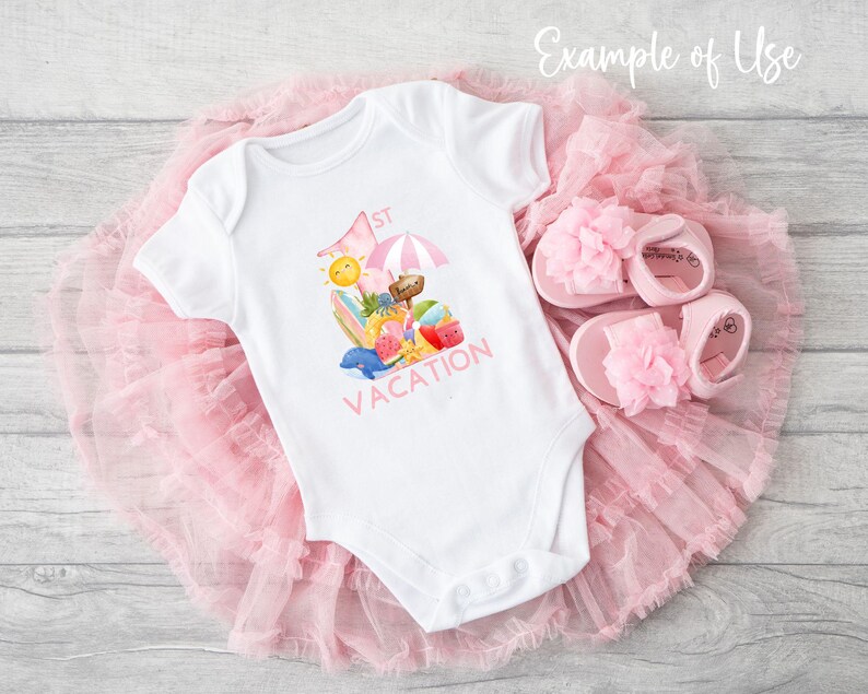 May include: White onesie with a pink graphic of a beach umbrella, a dolphin, a pineapple, a watermelon, and the text "1st Vacation". The onesie is on a pink tulle skirt.