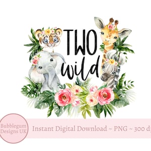 Meisjes twee wilde babysafaridieren PNG, aquarel babydieren, T-shirt sublimatie ontwerp, ontwerp verjaardagskaart, instant digitale download