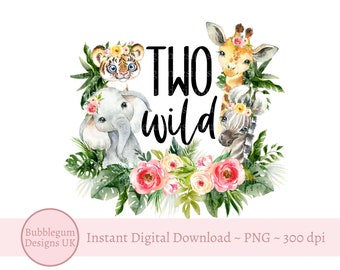 Girls Two Wild Baby Safari Animals PNG, Watercolor Baby Animals, T Shirt Sublimation Design, Birthday Card Design, Instant Digital Download