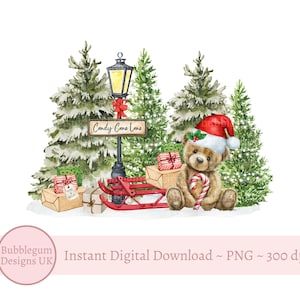 Christmas Bear Candy Cane Lane PNG, Projekt sublimacji misia, Projekt pudełka na Wigilię, Projekt worka Świętego Mikołaja, Natychmiastowe pobieranie cyfrowe