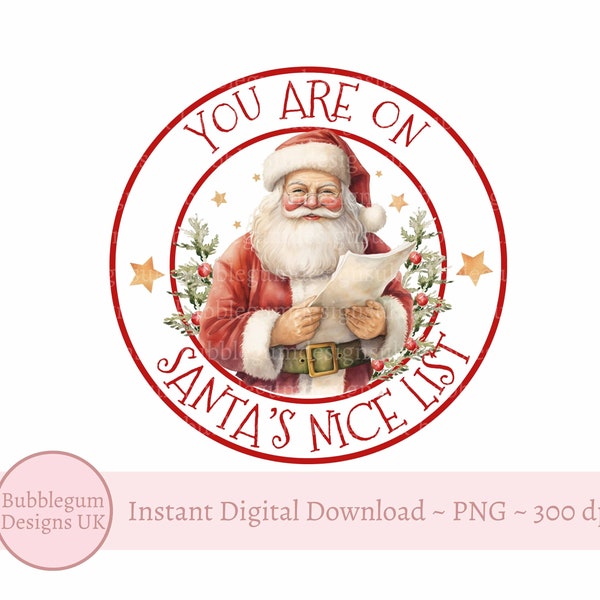 Nice List Santa Medal Design, Vintage Santa Christmas Sticker PNG, Father Christmas Nice List Sublimation Design, Instant Digital Download