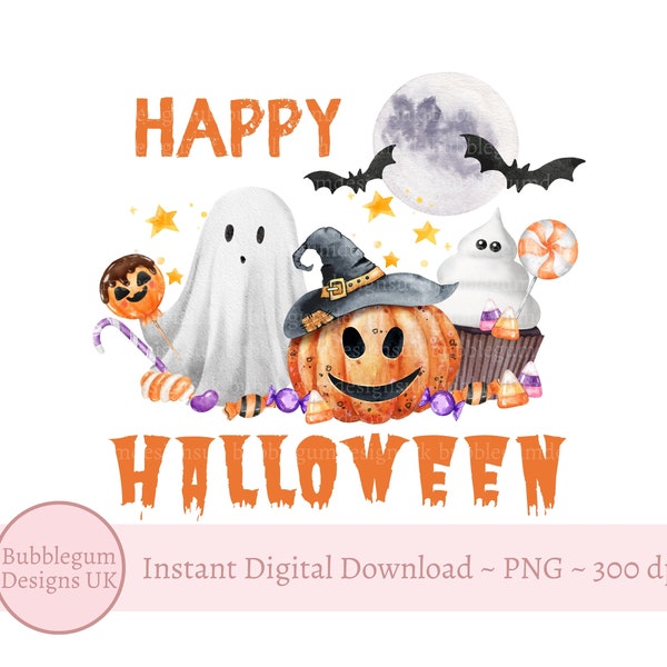 Happy Halloween PNG, Halloween T-Shirt Sublimation Design, Halloween Treat Bag, My 1st halloween, Ghost, Pumpkin, Instant Digital Download