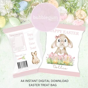 Rosa Lop Ohrhase Ostern Leckerli-Paket, A4 druckbare JPG, Ostern Leckerei Tasche, Rosa Ostern Chip-Paket, Chipstüte, sofortiger digitaler Download