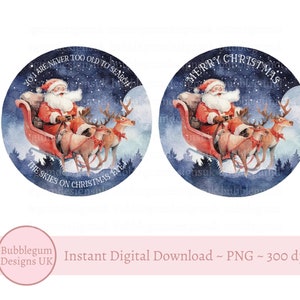 Santa Reindeer Sleigh Sticker PNG, Diseño de pegatinas navideñas, Sublimación de etiquetas navideñas, Etiqueta de regalo, Descarga digital instantánea