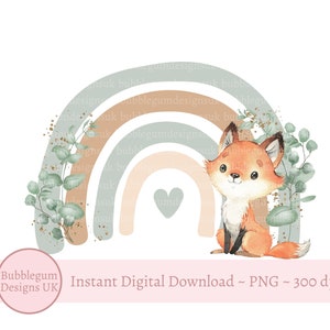 Neutrale vos regenboog png, schattige vos clipart, nieuwe babykaart ontwerp, bosrijke verjaardag, instant digitale download