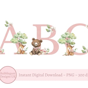 Alfabeto de bosque rosa PNG, ciervo de bosque, oso de bosque, clipart de alfabeto de 26 letras individuales, descarga digital instantánea