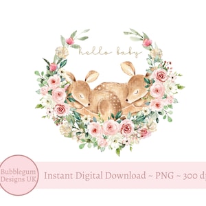 JUMEAUX bébé cerf rose couronne de fleurs PNG, nouveau design en sublimation bébé, Shower de bébé jumelles, guirlande de fleurs bonjour bébé, téléchargement immédiat