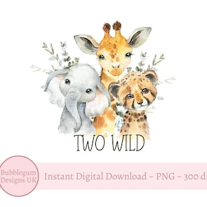 Dois animais selvagens de safári PNG, animais bebês em aquarela, design de sublimação de camiseta, aniversário de safári, zoológico da selva, download digital instantâneo