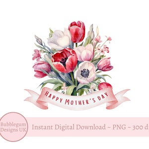 Ramo de flores rojas para el día de la madre PNG, diseño de tarjeta para el día de la madre, diseño de sublimación para el día de la madre, mamá, flores, descarga digital instantánea