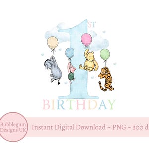 Winnie The Pooh Blue 1st Birthday PNG, Pooh Birthday Sublimation Design, Winnie & Friends First Birthday Design, Instant Digital Download