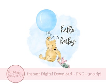 Classic Winnie The Pooh & Piglet Blue Balloon, Hello Baby PNG, Winnie The Pooh Baby Shower Sublimation Design, Instant Digital Download