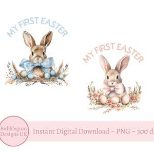 Set of 2 My First Easter Bunny Designs, PNG, Blue & Pink Bunny, Baby's 1st Easter T Shirt Design, Easter Onesie, Instant Digital Download