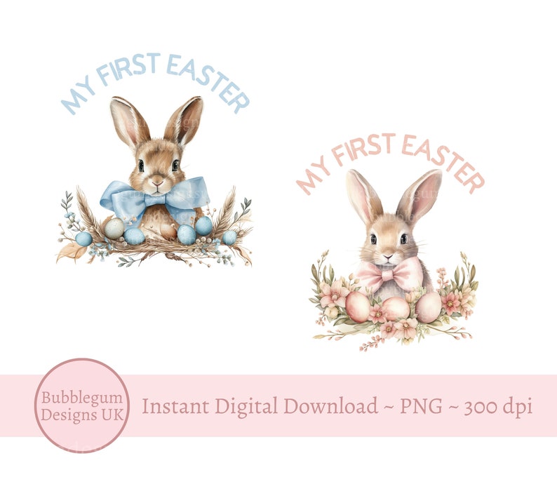 以下が含まれることがあります： 2匹のウサギの水彩画イラスト。ウサギの周りに「My First Easter」の文字が円形に書かれています。1匹のウサギは青いリボンをつけており、青い卵と花に囲まれています。もう1匹のウサギはピンクのリボンをつけており、ピンクの卵と花に囲まれています。