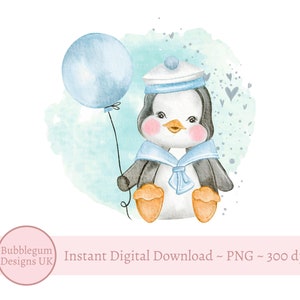 Penguin and Blue Balloon PNG, Baby Boy Card Design,  Penguin PNG, Sublimation Design, Instant Digital Download