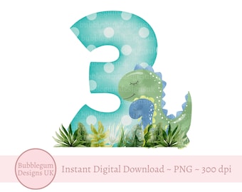 Blue Dinosaur 3rd Birthday PNG, Dinosaur Third Birthday Clipart, Dino Birthday Card Design, Birthday Sublimation, Instant Digital Download